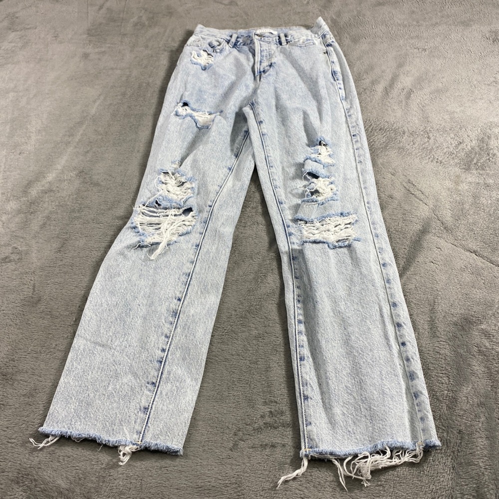 PacSun Straight Leg Jeans Womens 26 Blue Distressed High Rise Raw Hem Cotton